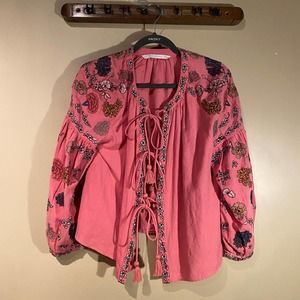 Zara Boho Embroidered Flounce Shirt Jacket